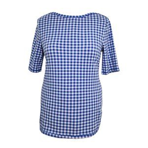 Talbots Gingham Short Sleeve Top Shirt Blue White Large Round Hem Check Stretch